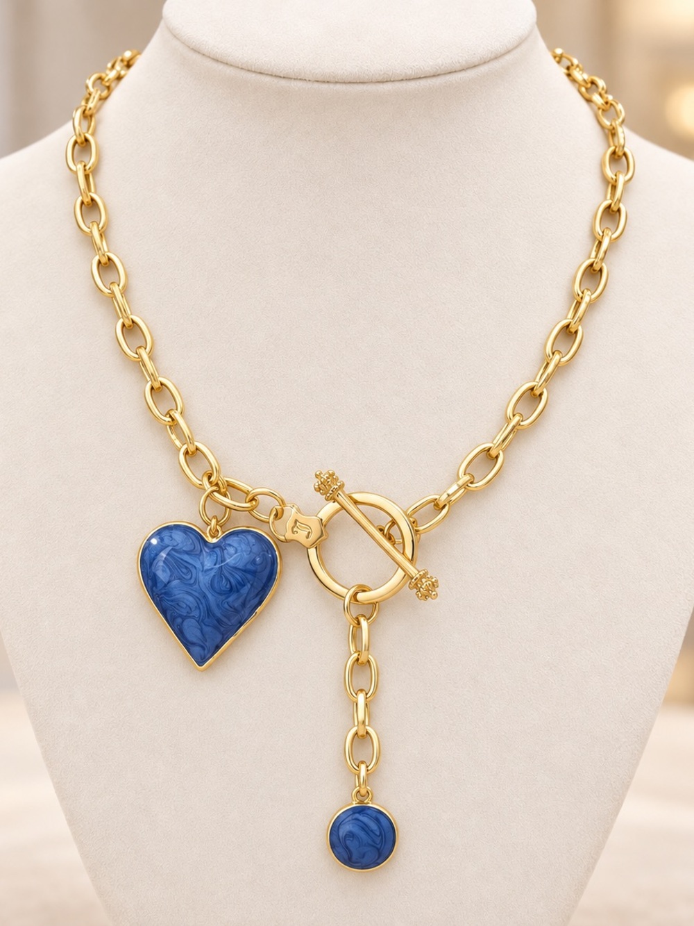 Gold Chain Necklace with Blue Heart & Circle Charms